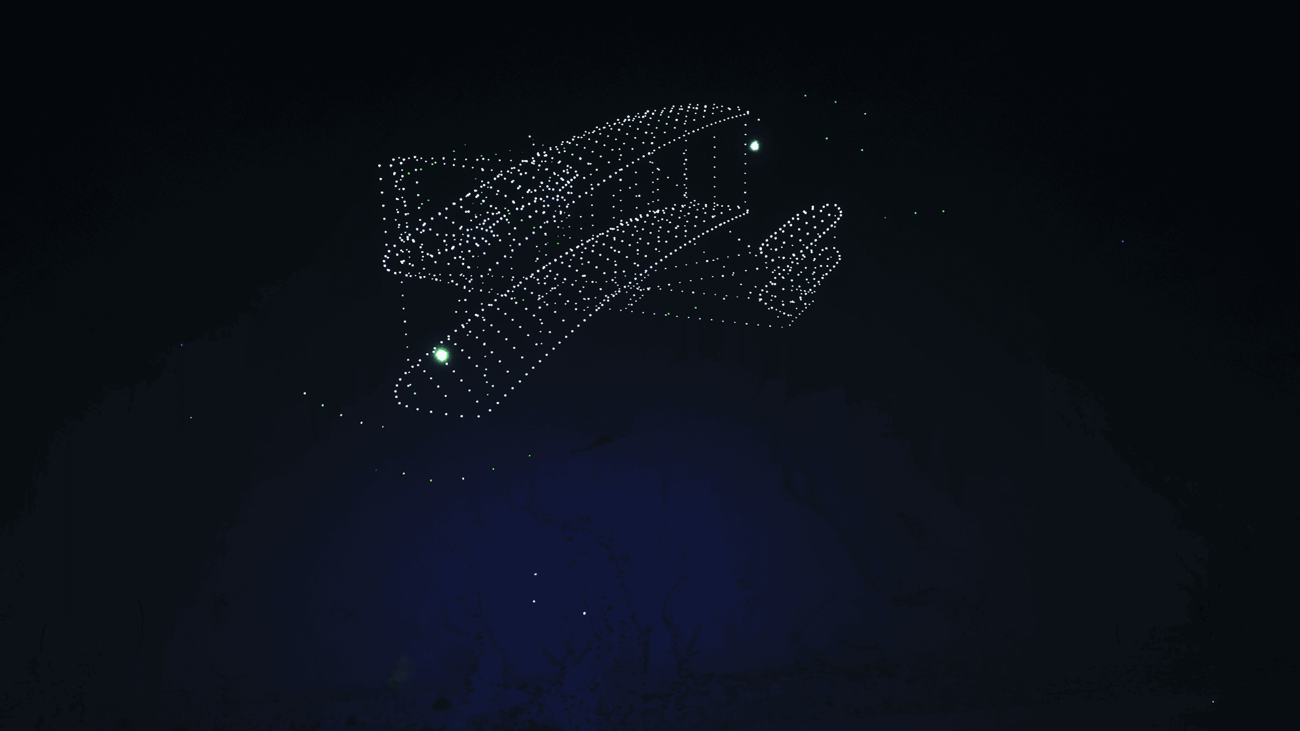 During the Lumasky drone show at the Saudi Aviation Club Sun and Fun Airshow 2025, drones form a contour image of an airplane made of luminous dots in the night sky.