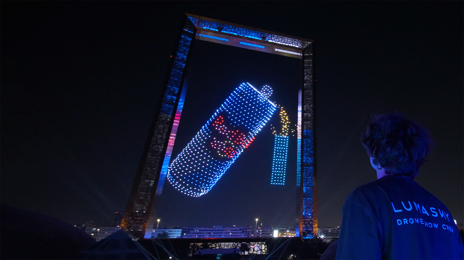 During the Red Bull Tetris Final in Dubai, the facade of the skyscraper was transformed into a giant image of a Red Bull can, created by Lumasky's 4,000 Drone Show.